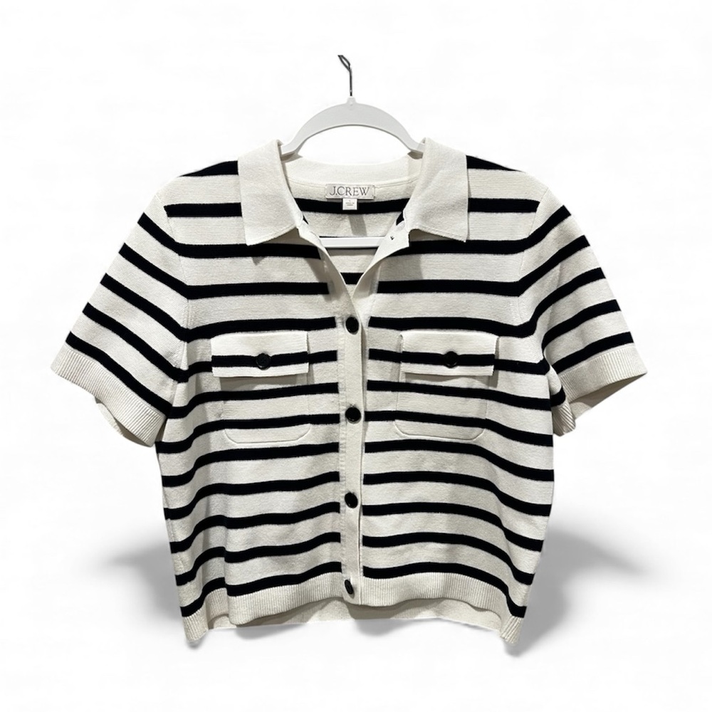 J. Crew Black and White Striped Button Down Sweater-Size Large - Picture 2 of 6